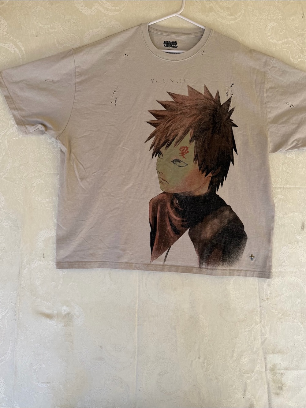YoungLA X Naruto Gaara Tan Graphic Short Sleeve Tee with Brown Character Art Y2K